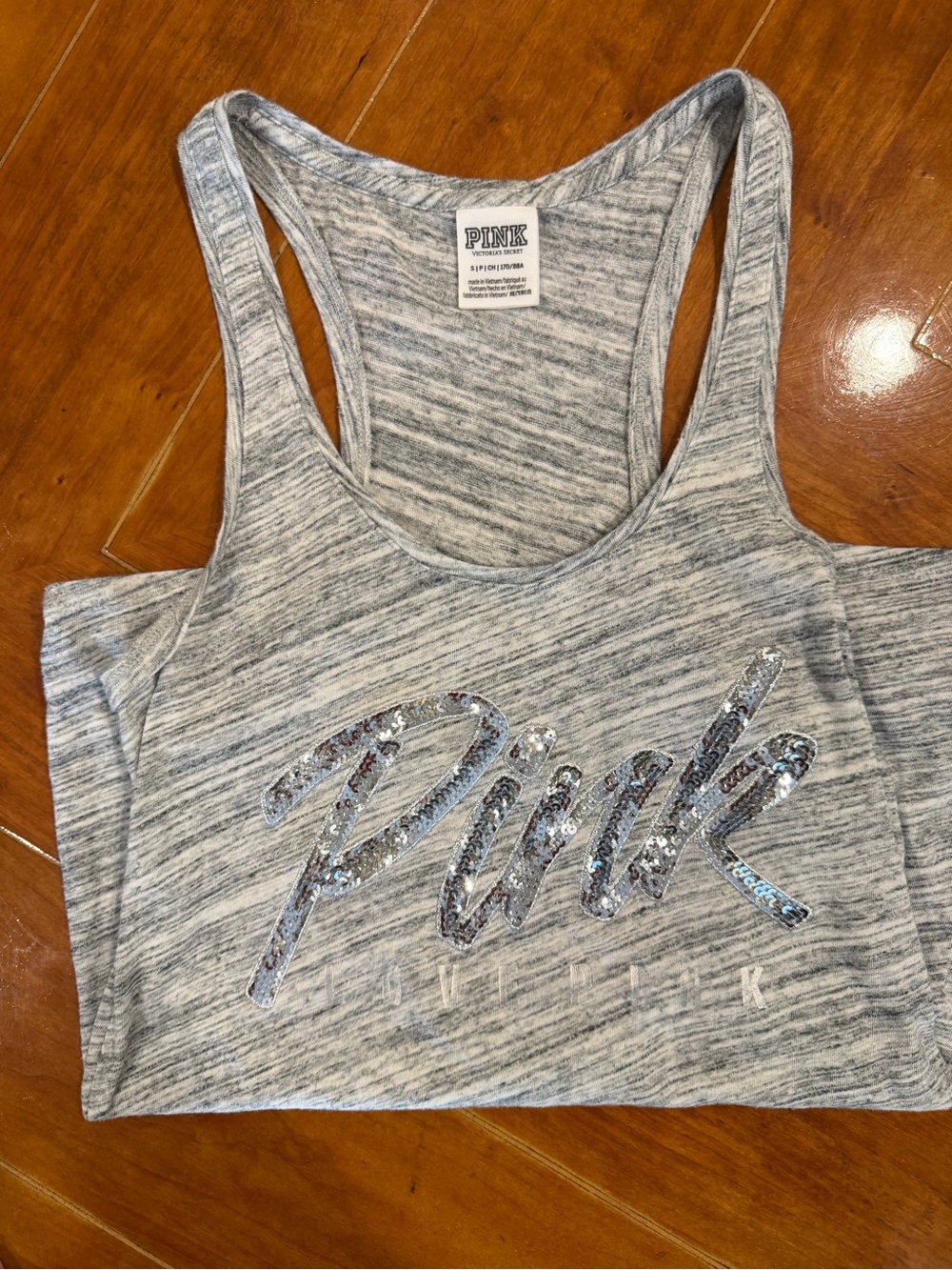 PINK Victoria's Secret Gray Marled Racerback Tank with Silver Sequin Logo